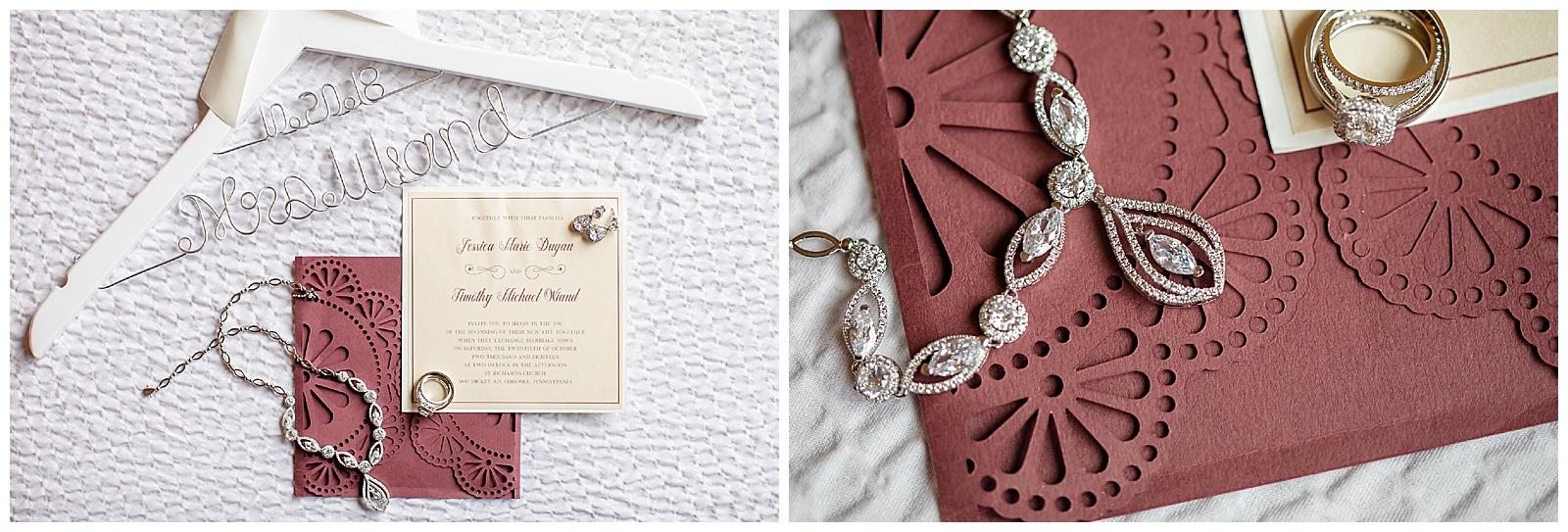 wedding details on burgundy invitation suite