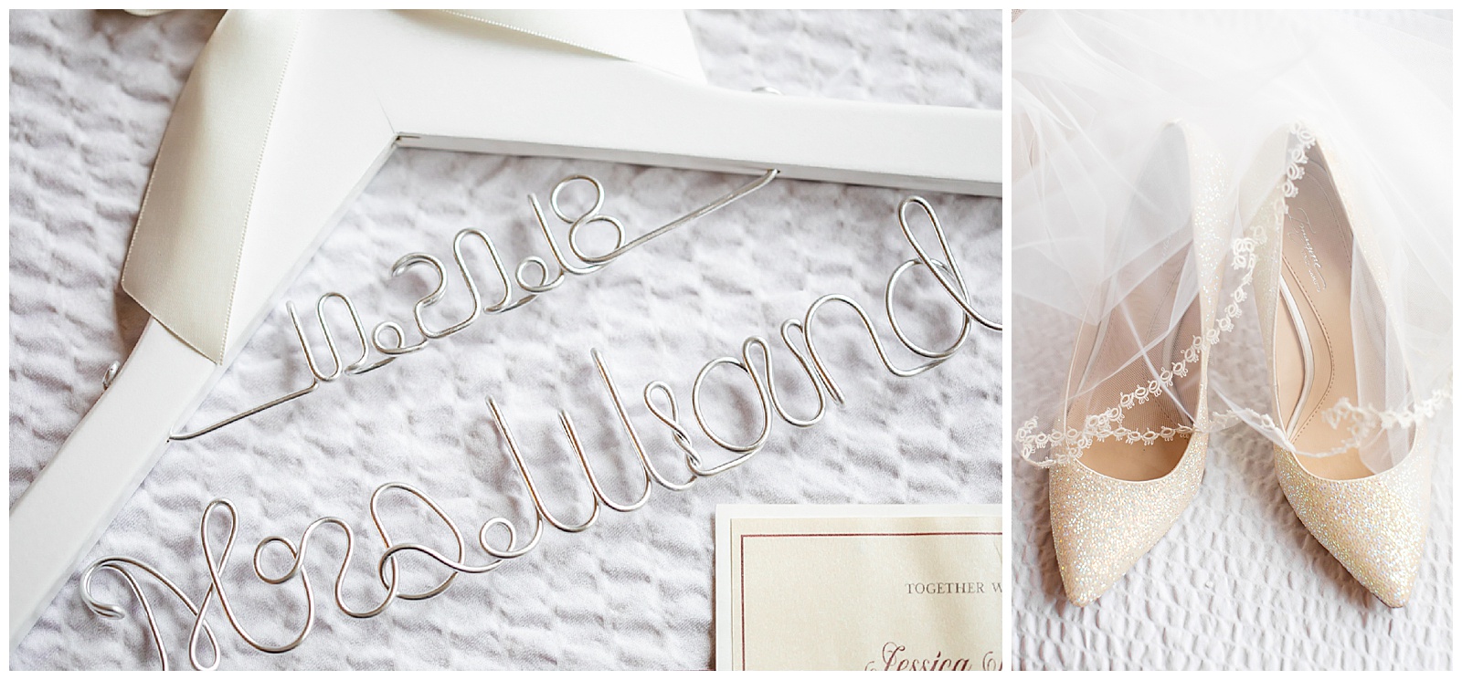 personalized wedding dressing hanger next to sparkly wedding shoes