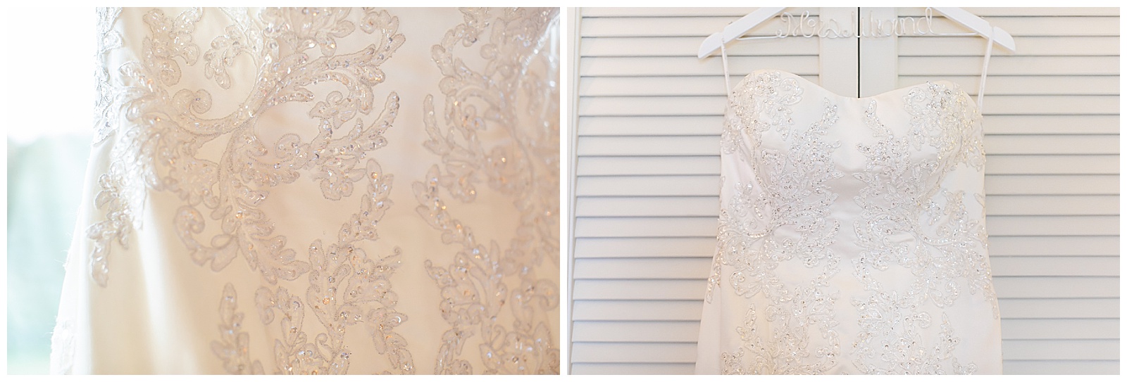 beaded sleeveless wedding dress on personalized hanger