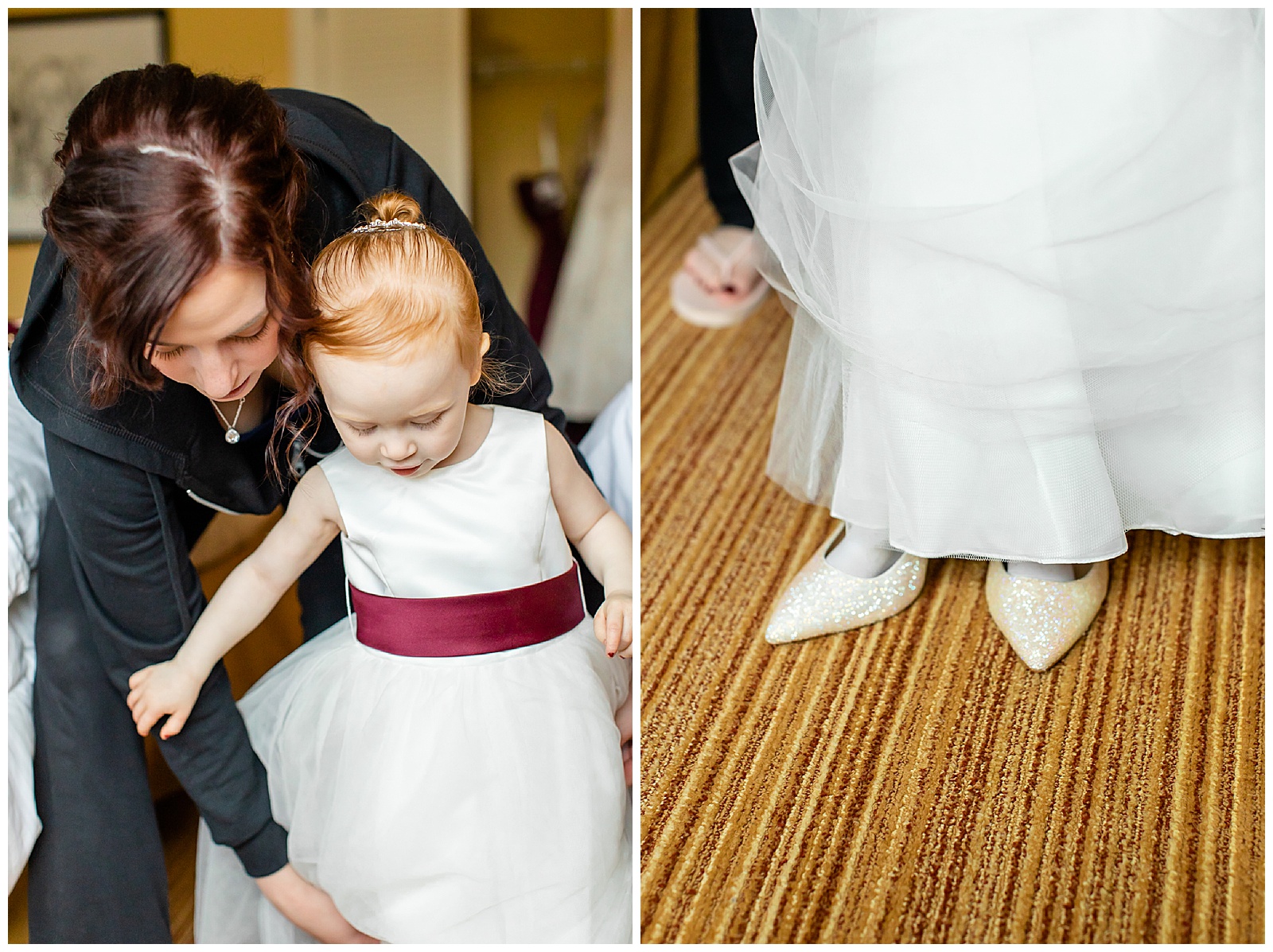 flower girl trying on the bride's shoes