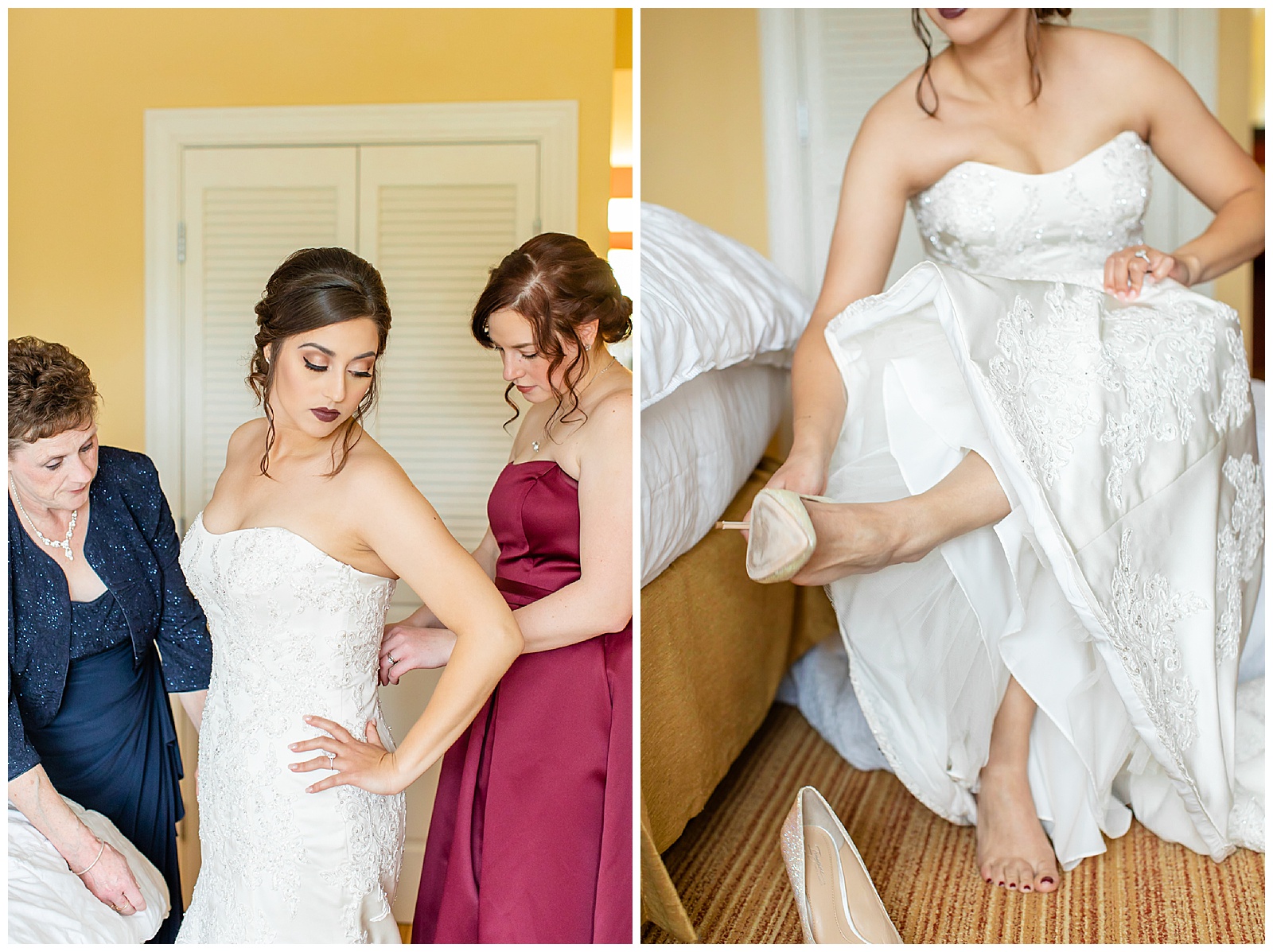 A mother and sister zipping up the bride's dress in a hotel room in Pittsburgh