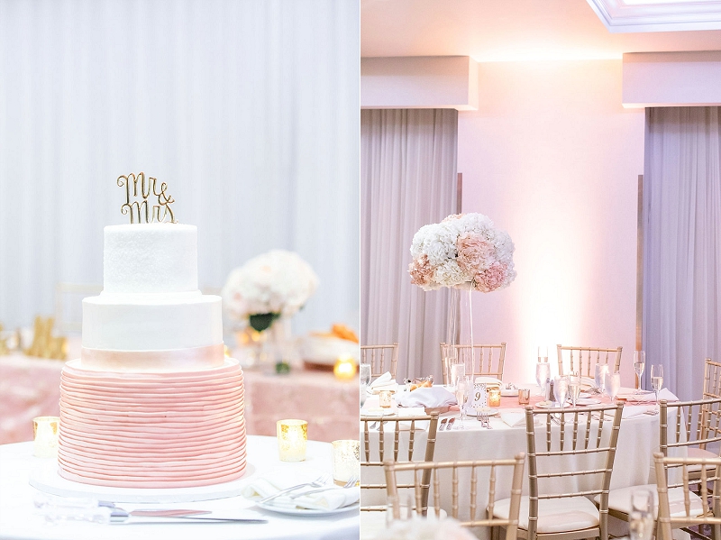 blush and white reception details at pittsburgh hotel wedding